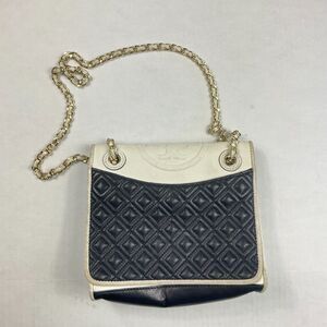 Tory Burch Fleming Geo Leather Bag Black Ivory Quilted Chain Strap Classic FLAW